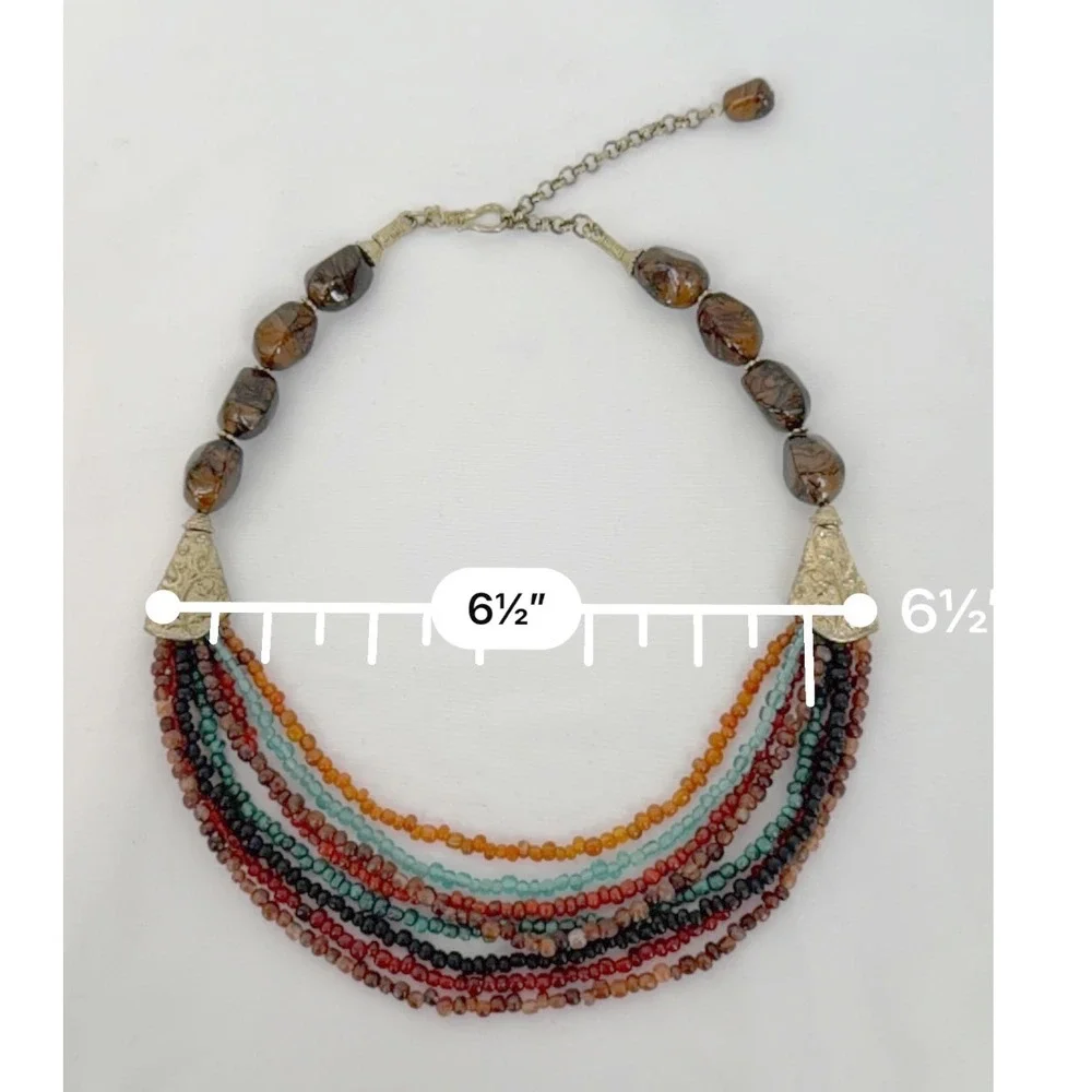 Boho Multi Strand Seed Bead Bib Necklace Earth Tone Marbled Resin Chic 103-156